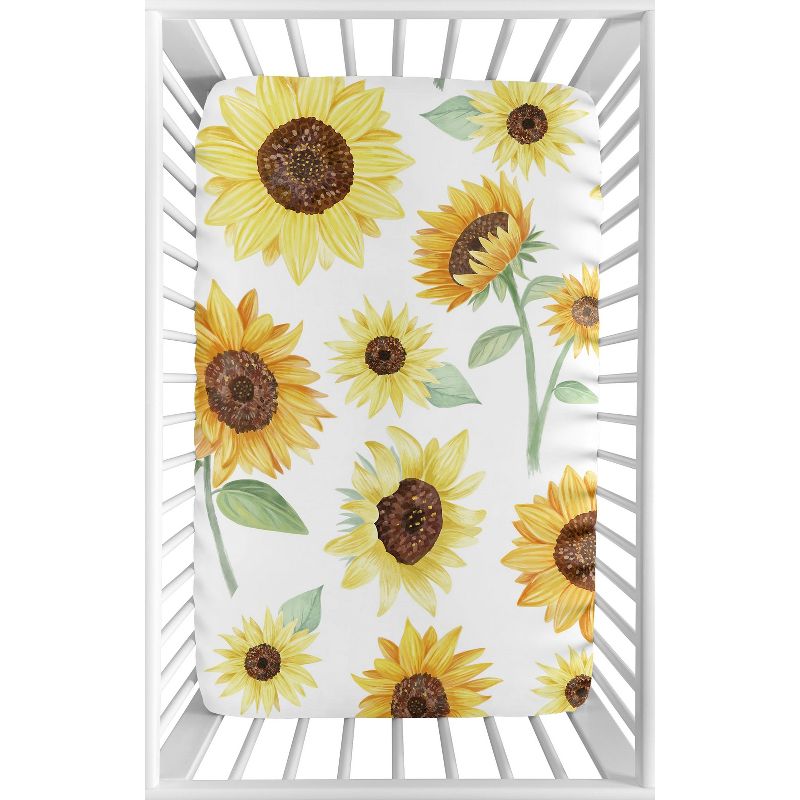 Sweet Jojo Designs Girl Baby Fitted Mini Crib Sheet Sunflower Yellow Green and Taupe, 1 of 6