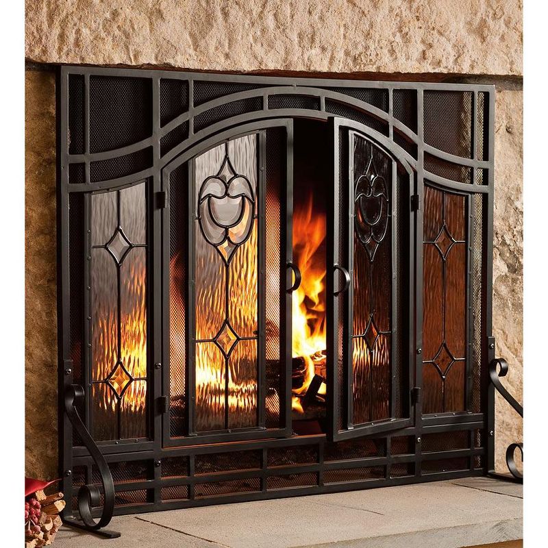 Plow & Hearth - 2-Door Floral Fireplace Fire Screen with Beveled Glass Panels, Black, 1 of 7