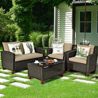 Costway 4pcs Patio Rattan Furniture Set Solid Wood Leg Cushioned Sofa ...