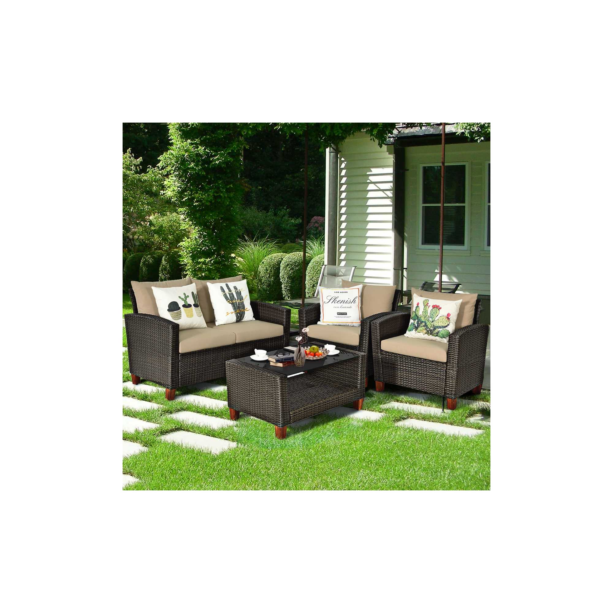 Costway 4PCS Patio Rattan Furniture Set Solid Wood Leg Cushioned Sofa Garden Lawn