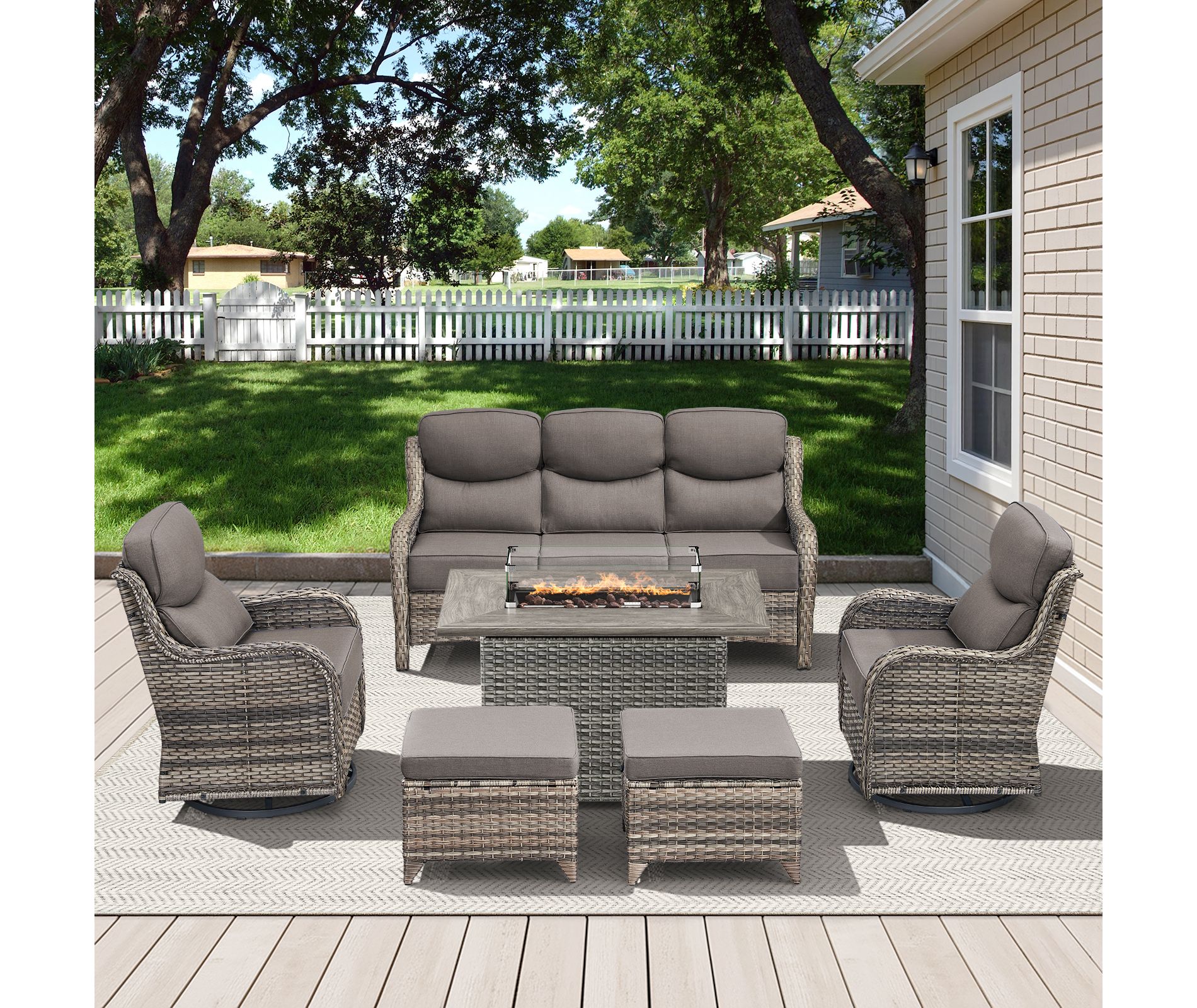 Belord All Weather Wicker Patio Furniture Set 6 Pieces, 6-INCH Extra Thick Cushion Outdoor Patio Firepit Set with Patio Sofa Swivel Chair and Ottoman