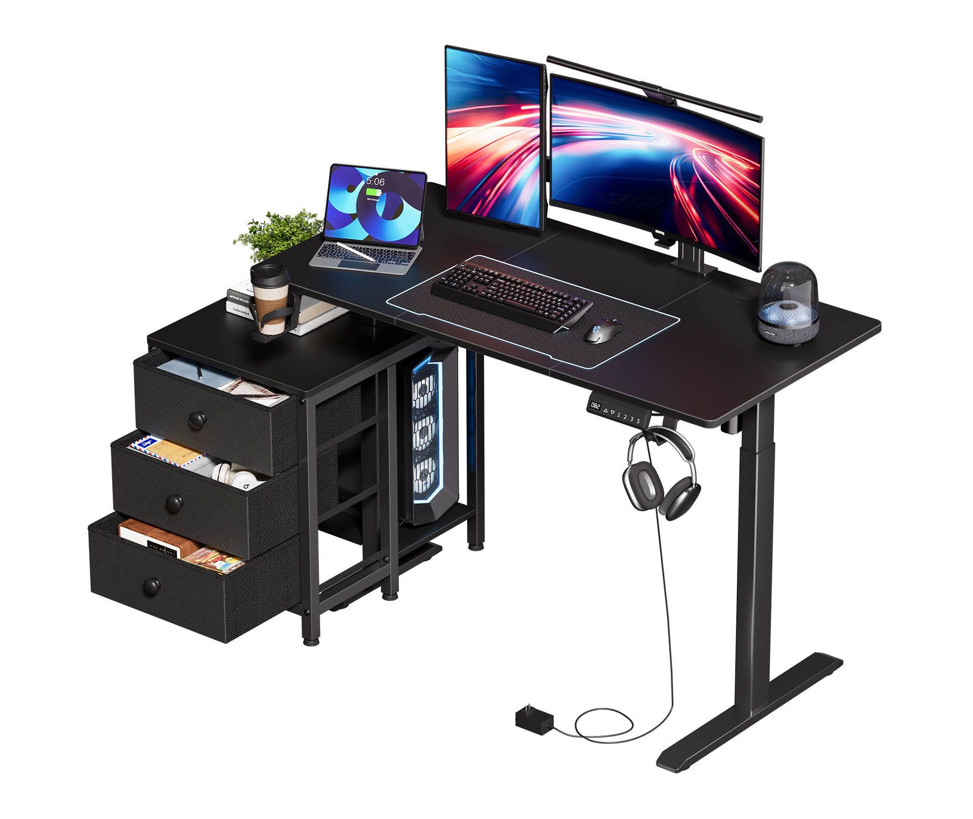 WOWLIVE 47-55'' Electric Standing Desk with 3 Drawers, Height Adjustable Gaming Desk with Cup Holder, Storage Computer Desk for Home Office