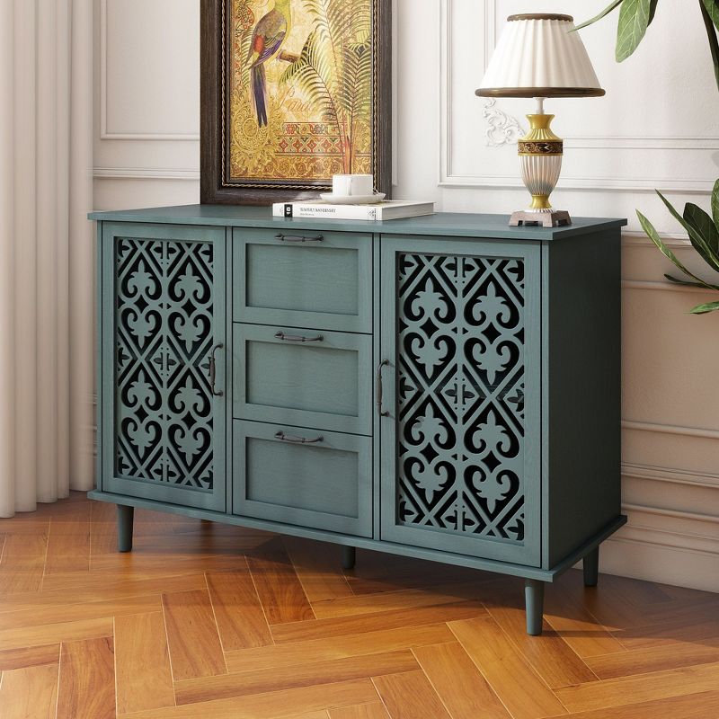 Arina Hollow-Carved Cabinet,Distressed Wooden Cabinet With 2 Doors And 3 Drawer-Maison Boucle, 2 of 10