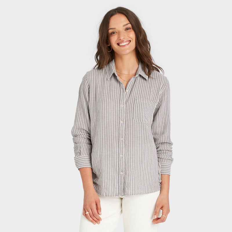 Women&#39;s Thin Long Sleeve Gauze Button-Down Shirt - Universal Thread&#8482; Black Striped L, 1 of 4