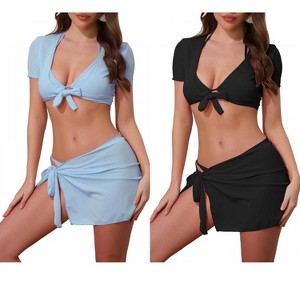 INSPIRE CHIC Women's Tie Knot Halter Ribbed Short Sleeve Cover Up Set Triangle Bottom Swimwear Bathing Bikini Suits 2 Sets - 1 of 4