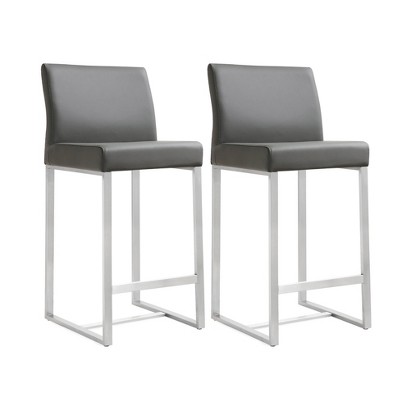 TOV Furniture Denmark Performance Vegan Leather Stool with Silver Base - Set of 2 Grey 16"W x 18.5"D x 37"H