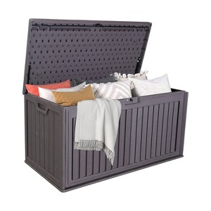 DOMETOUR 100 Gallon Resin Deck Box, Waterproof Patio Storage with Handles, Lockable for Cushions, Pool Accessories, Garden Tools, Brown - 1 of 4