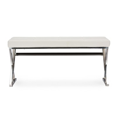 Herald White Faux Leather and Stainless Steel Rectangular Bench