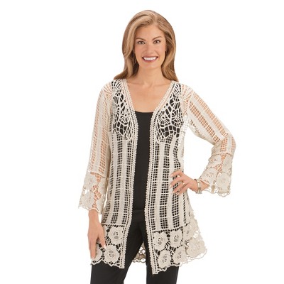Collections Etc Open-Front Lace Border 3/4 Length Sleeve Crochet Cardigan