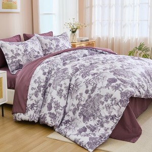 BAGOKIE 7 PCS Bed in a Bag Flower Reversible Comforter with Sheets Bedding Set - 1 of 4