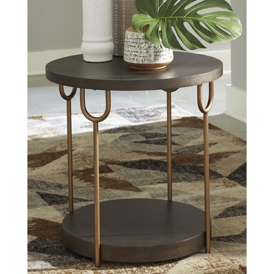 Contemporary Gold and Espresso Round Wood & Metal Accent Table