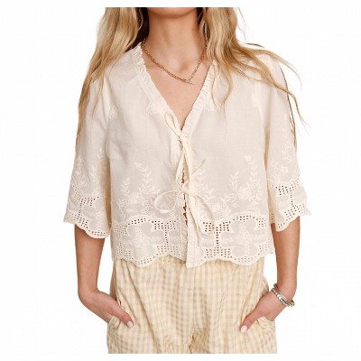 Women's Embroidery Short Sleeve Tie Front Top - AnnieWear