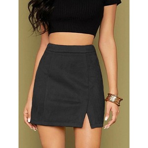 Coolmee Women's High Waist Faux Suede Side Split Bodycon Short Mini Skirt - 1 of 4