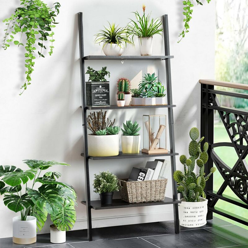 Costway Industrial Ladder Shelf 4-Tier Leaning Wall Bookcase Plant Stand Rustic Black/Brown, 4 of 11