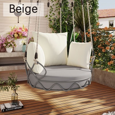 Hrinhom 34"W Outdoor Swing Chair, Hanging Basket with Three PilloFabricws,Olefin