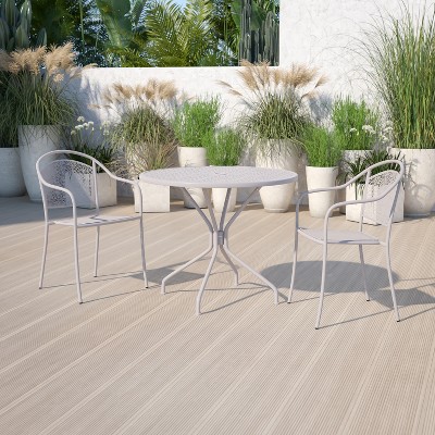 Light Gray Round Steel Indoor-Outdoor Patio Dining Table with Umbrella Hole
