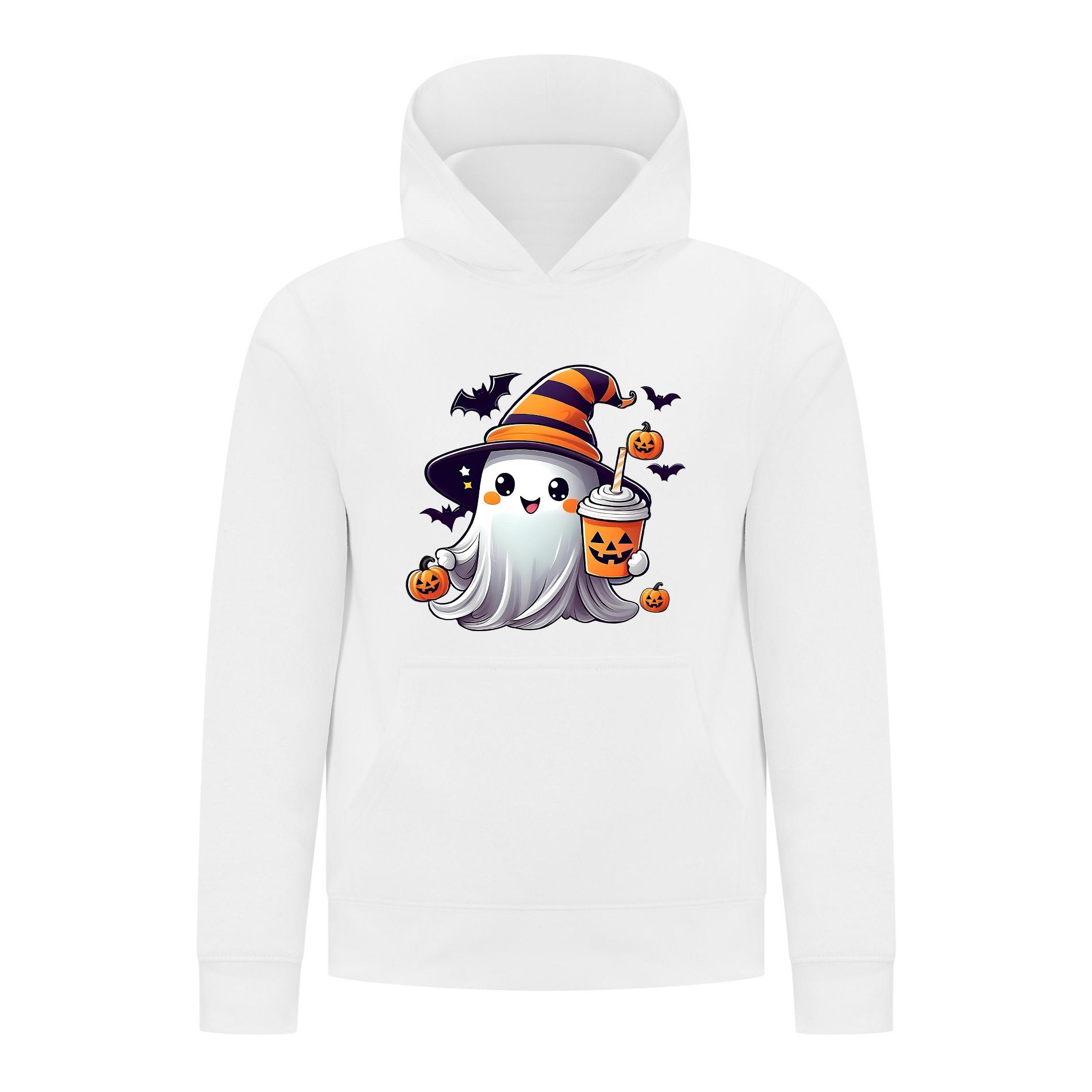 Everyday Kids Halloween Hoodie – Cute Ghost with Witch Hat and Pumpkin Drink – Cozy Fall Sweatshirt for Girls, White, Size 8
