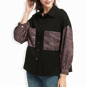 Anna-Kaci Women's Contrast Leopard Button Down Denim Shirts Boyfriend Light Jacket with Two Pockets - 1 of 4