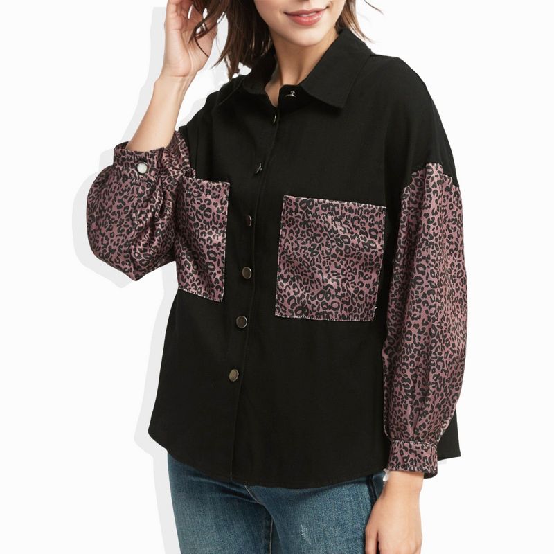 Anna-Kaci Women's Contrast Leopard Button Down Denim Shirts Long Sleeve Boyfriend Light Jacket with Two Pockets, 1 of 7