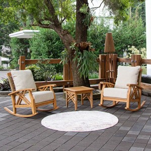 Cambridge Casual 3pc Carmel Teak Wood Outdoor Patio Small Spaces Rocker Conversation Set with Tan Cushions - 1 of 4