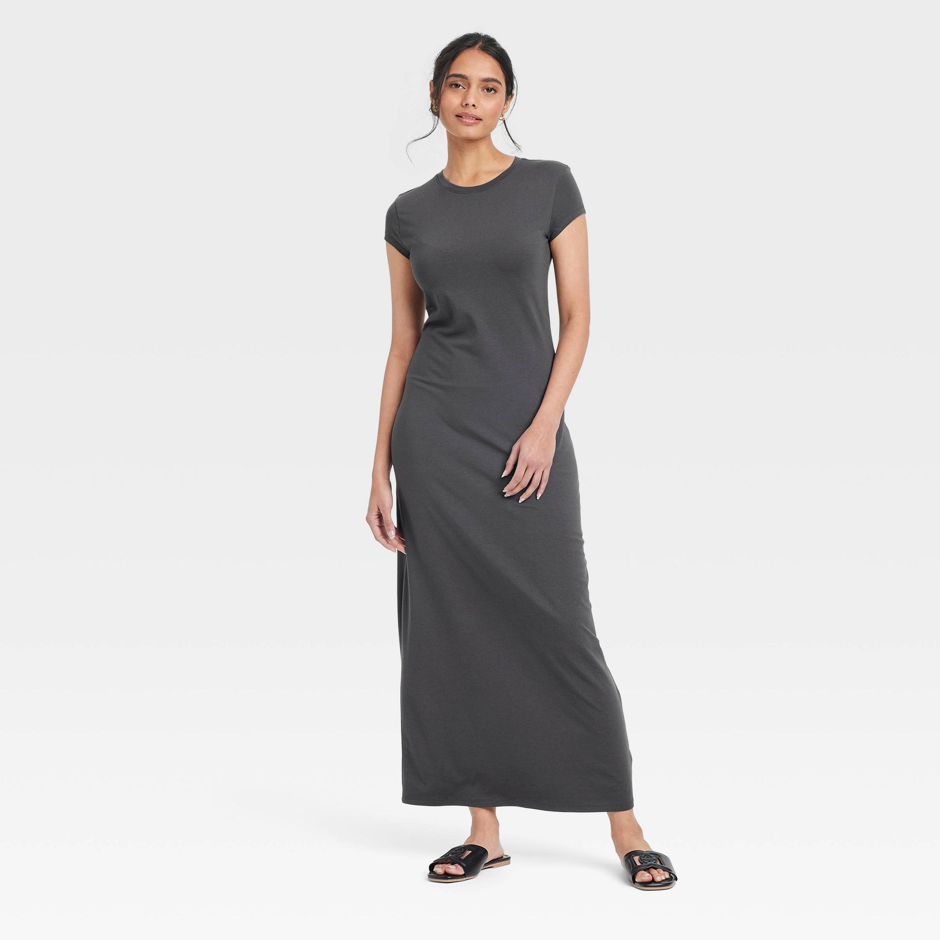 Women's Short Sleeve Knit Maxi Dress - A New Day™ Dark Gray XS: Cotton Modal Blend, Crew Neck, Pullover