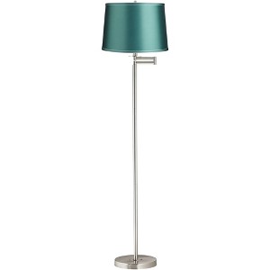360 Lighting Druckman Modern 60 1/2" Tall Standing Floor Lamp Skinny Adjustable Swing Arm Silver Metal Brushed Nickel Finish Drum Teal Blue Shade - 1 of 4