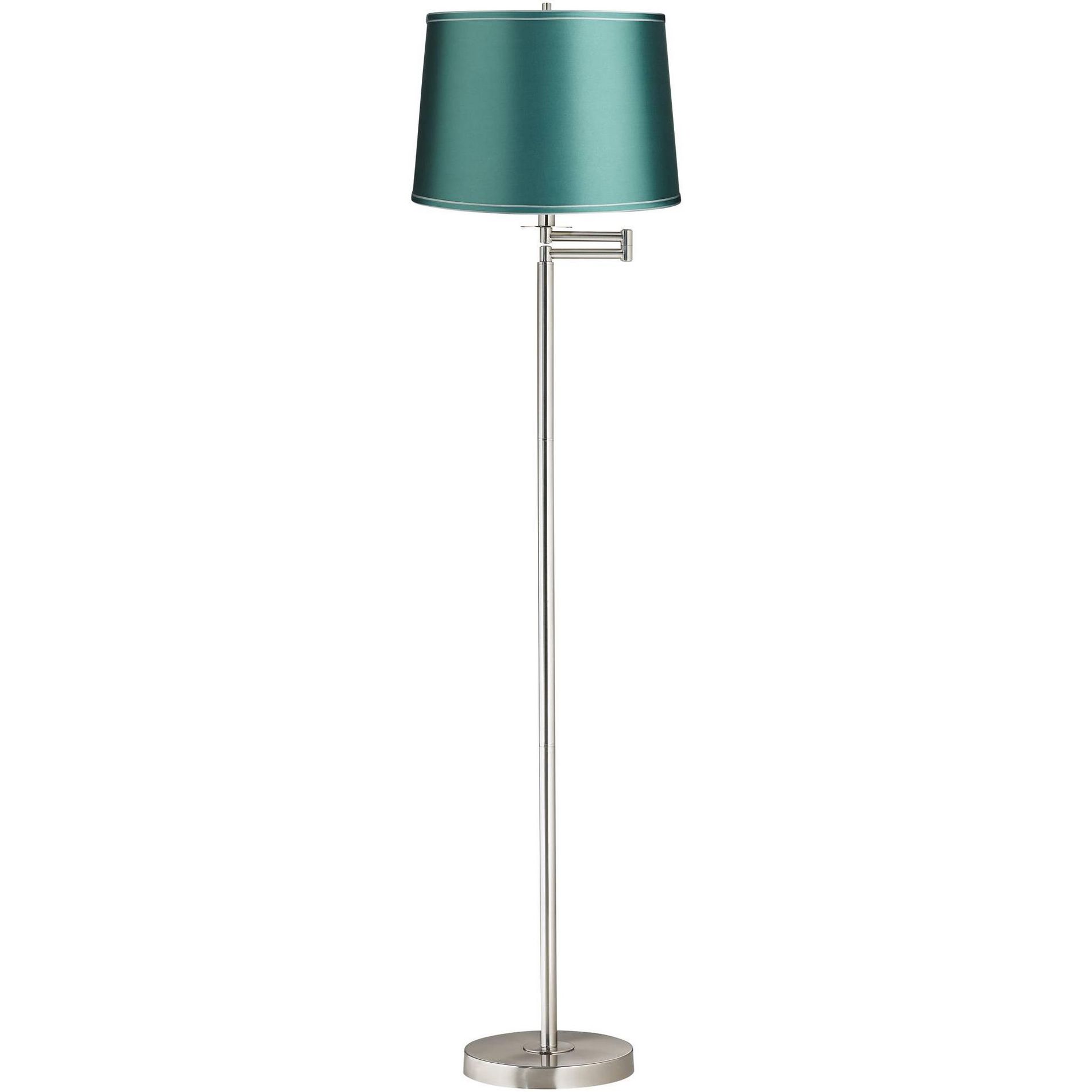 360 Lighting Druckman Modern 60 1/2" Tall Standing Floor Lamp Skinny Adjustable Swing Arm Silver Metal Brushed Nickel Finish Drum Teal Blue Shade