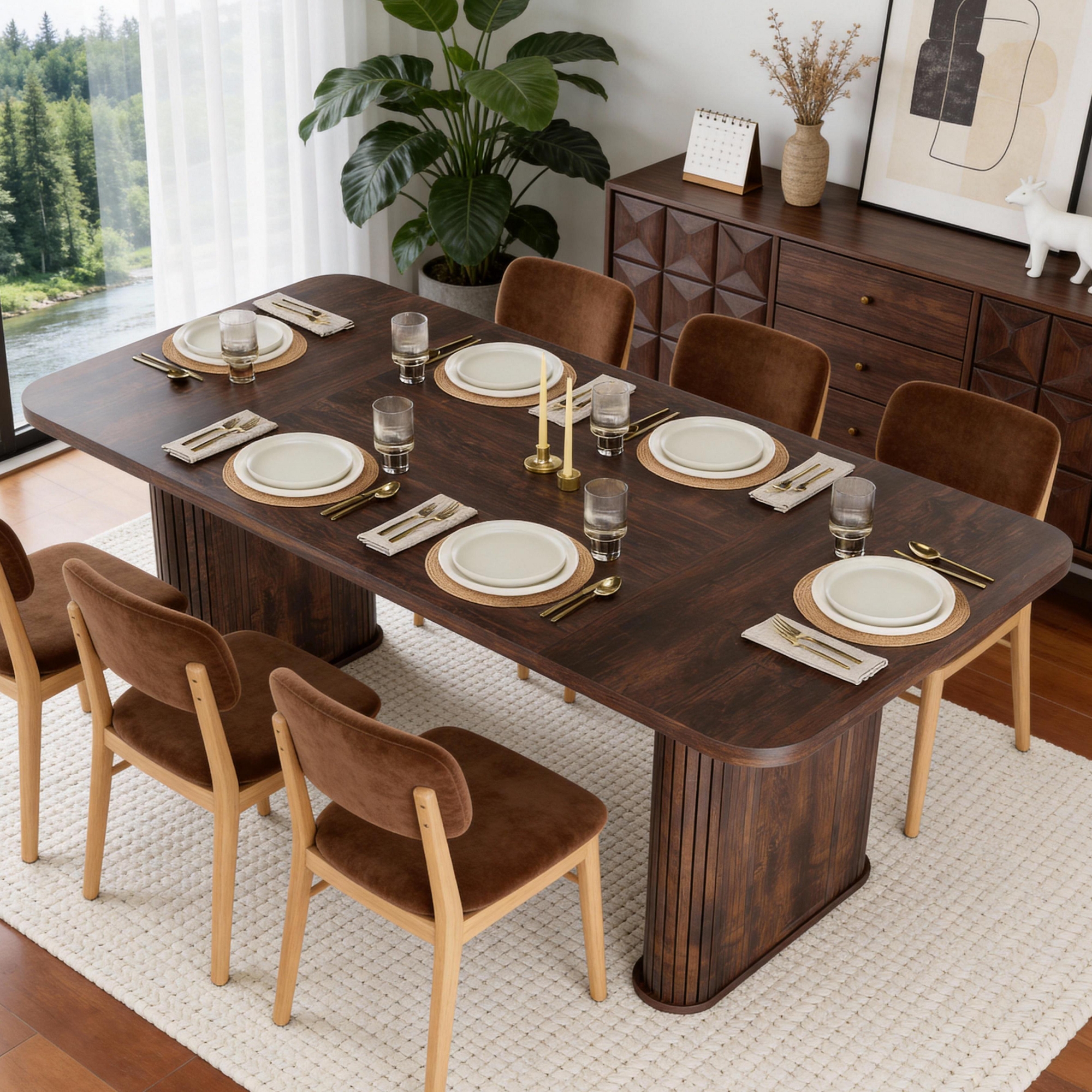 62" Long Dining Table for 6-8, Farmhouse Kitchen Table with Heavy Duty Fluted Base, Extra-Thickened Tabletop, for Dining Room, Office, Dark Brown