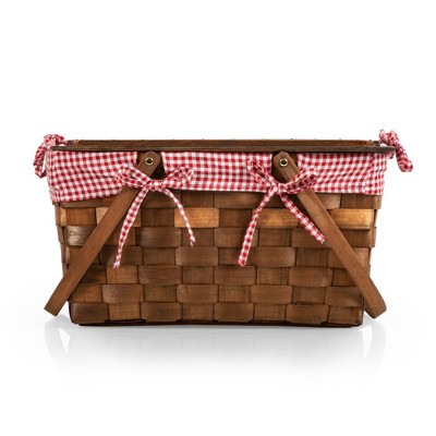 Kansas Large Handwoven Wood Picnic Basket with Red and White Gingham Pattern