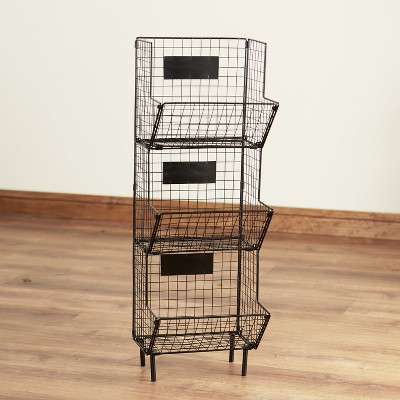 Lakeside 3-Tier Metal Floor Basket with Storage Shelves and Chalkboard Labels