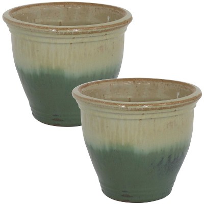 Sunnydaze Studio Outdoor/Indoor High-Fired Glazed UV and Frost-Resistant Ceramic Flower Planters with Drainage Holes - 9" Diameter - Seafoam - 2-Pack