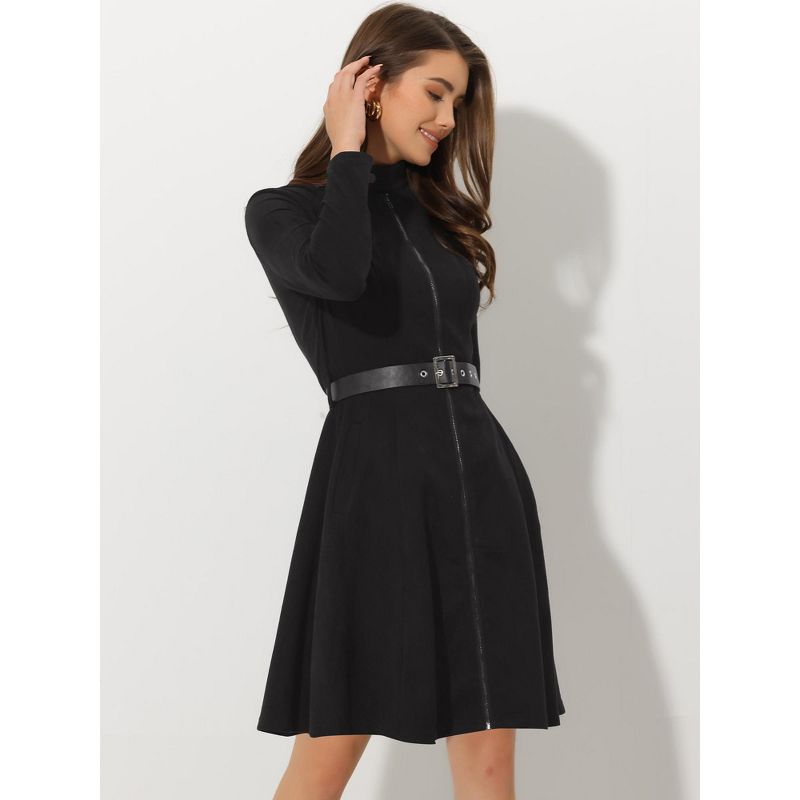 Allegra K Women's Faux Suede Stand Collar Zip-Up Belted Vintage Dresses, 2 of 7