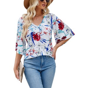 Women's 3/4 Bell Sleeve Shirt Loose Fit V Neck Blouse Cute Tops - 1 of 4
