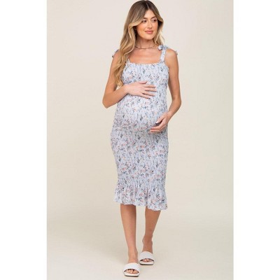 PinkBlush Light Blue Floral Smocked Fitted Maternity Dress