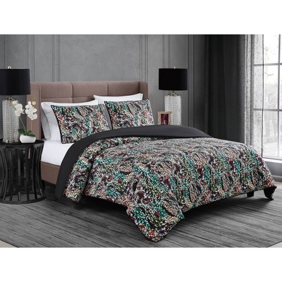 Badgley Mischka 3pc Full/Queen Home Cassat Floral Duvet Set Black