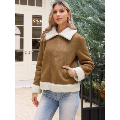 INSPIRE CHIC Women's Faux Shearing Thick Fur Winter Warm Lined Faux Leather Jacket Large Brown — фото 4