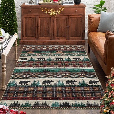 Christmas Area Rug with Trees & Bears Pattern, Washable Non-Slip Boho Carpet, Soft Low Pile Holiday Rug for Bedroom, Entryway, or Office Decor