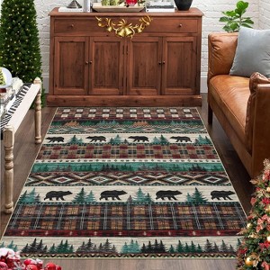 Christmas Area Rug with Trees & Bears Pattern, Washable Non-Slip Boho Carpet, Soft Low Pile Holiday Rug for Bedroom, Entryway, or Office Decor - 1 of 4