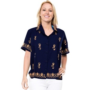 LA LEELA Women's Casual Blouse Shirt Solid Blouses Short Sleeve Button Down Dress Tops Tee Hawaiian Shirts for Women - 1 of 4