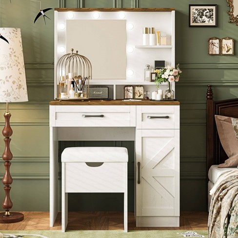 Whisen Farmhouse Makeup Vanity Desk with Stool, Mirror, Lights, Adjustable Shelves,2 Drawers and Side Cabinet - image 1 of 4