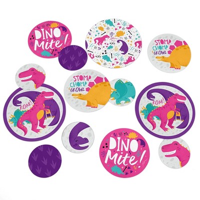 Big Dot of Happiness Roar Dinosaur Girl - Dino Mite T-Rex Baby Shower or Birthday Party Giant Circle Confetti - Party Décor - Large Confetti 27 Count