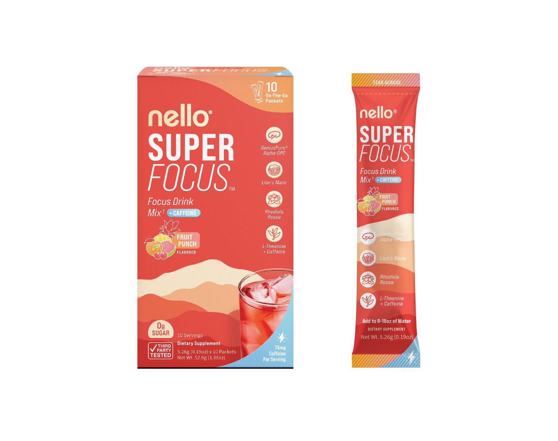 Nello Superfocus + Caffeine Drink Mix Supplement Powder - Fruit Punch - 10ct: Dietary Supplement, 10 Pack