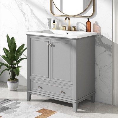 30" Bathroom Vanity With Sink Combo Modern Elegant Bathroom Storage Cabinet With Doors Drawer Solid Wood Frame