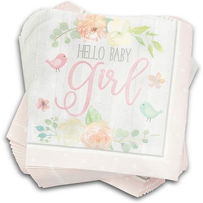 Sparkle and Bash 100-Pack Hello Baby Girl Disposable Paper Napkins 6.5" Baby Shower Party Supplies
