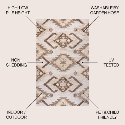 Ivory and Brown Geometric Synthetic 4' x 6' Indoor/Outdoor Rug