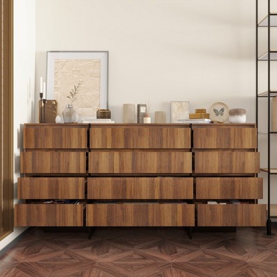 FUFU&GAGA Brown Large Horizontal Dresser 12 Drawer Chest of Drawers Woodgrain Natural Style Frame Base