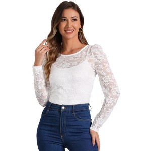 INSPIRE CHIC Women's Vintage Semi-Sheer Puff Long Sleeve Embroidery Lace Floral Blouse - 1 of 4