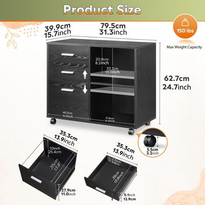 Black 3-Drawer Mobile Wood File Cabinet with Open Shelves