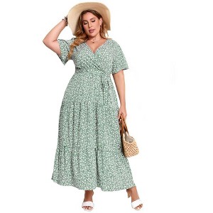 Garvee Women Plus Size V Neck Wrap Maxi Dress High Waist Ruffle Summer Casual Dress with Belt Short Sleeve - 1 of 4
