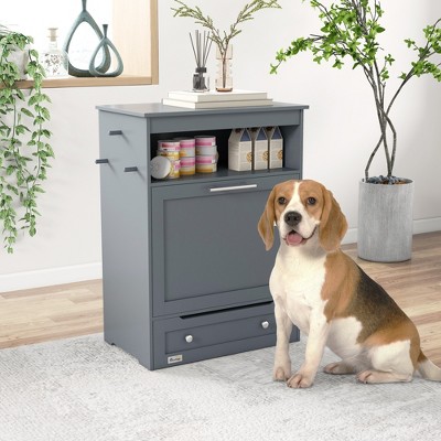 Gray Elevated Pet Feeder Station with Storage Cabinet